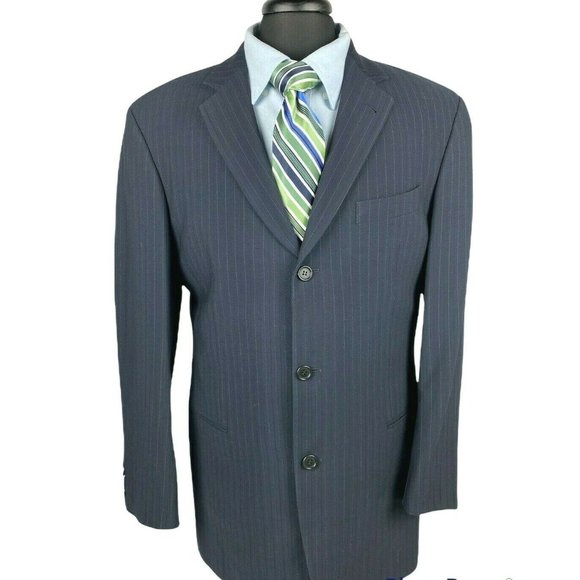 Hugo Boss Mens Blazer Pinstripe Navy Blue Wool 3 Button Size 42L